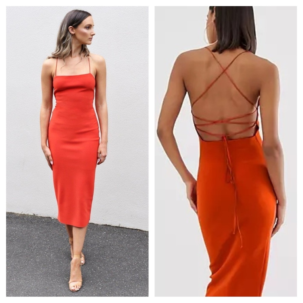 Bec & Bridge Orange Strappy Lace-Up Back Midi Dress